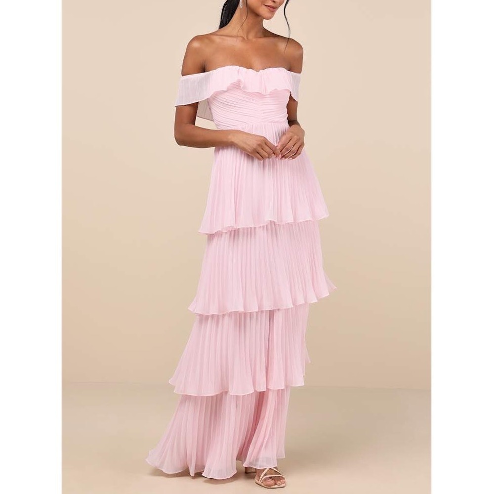 NWT Lulus Always Remarkable Pink Pleated Off-the-Shoulder Maxi Dress Small